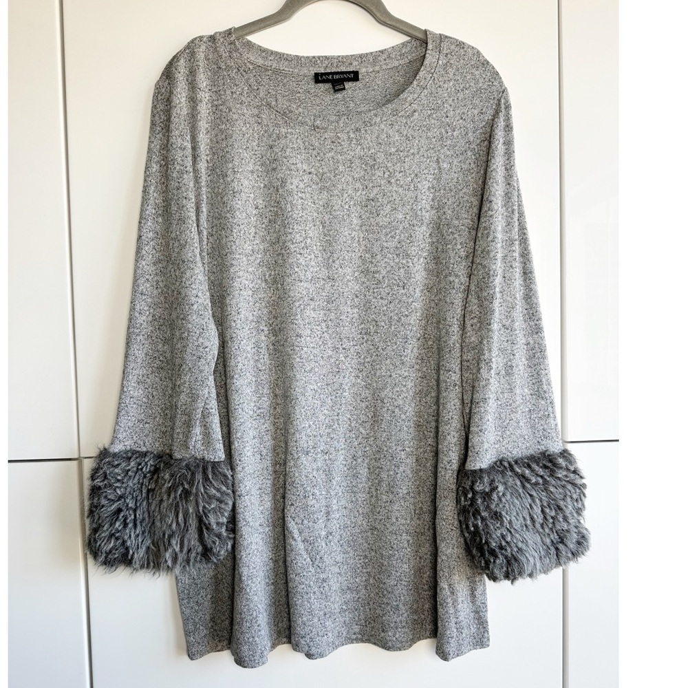 Lane Bryant Sweater Tunic Fur Cuffs Gray Marled Size 14/16
